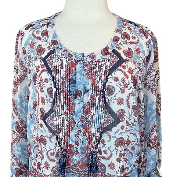 Daniel Rainn Gleeson Tab Sleeve Pleated Front Blue Red Floral Popover Blouse LG - Picture 1 of 13